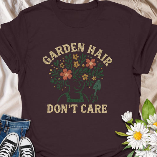Embrace your wild gardening spirit with this fun "Garden Hair Don’t Care" t-shirt—perfect for plant lovers who dig into nature without worrying about the mess. A great gift for gardeners, plant parents, or anyone who wears their love for blooms proudly.