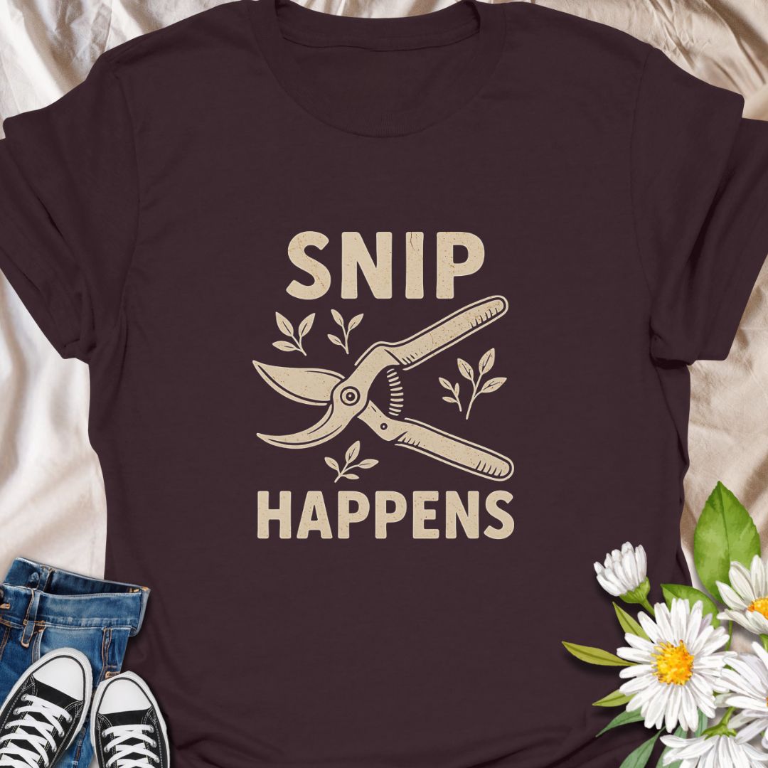 Add humor to your garden gear with this funny "Snip Happens" gardening t-shirt. Featuring classic pruners and a cheeky pun, it's perfect for plant lovers, backyard growers, and anyone who appreciates a good garden joke. Great gift for horticulturists, florists, and green thumbs who love a laugh.