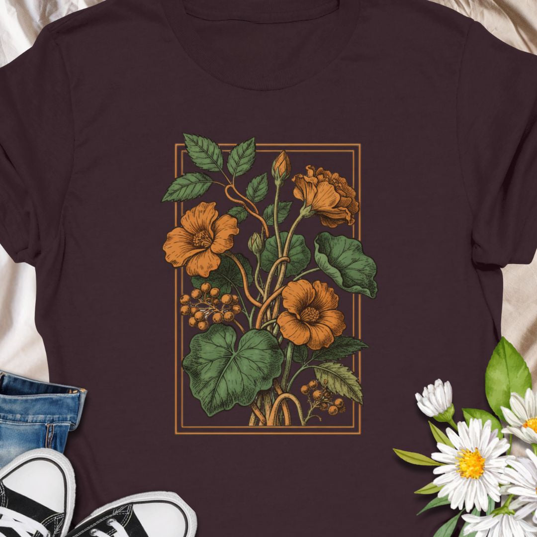 Retro floral graphic tee with Nasturtium style orange botanical blooms. Perfect for plant lovers, gardeners, and vintage-style enthusiasts. 