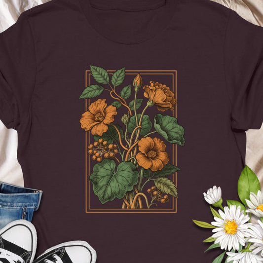 Retro floral graphic tee with Nasturtium style orange botanical blooms. Perfect for plant lovers, gardeners, and vintage-style enthusiasts. 