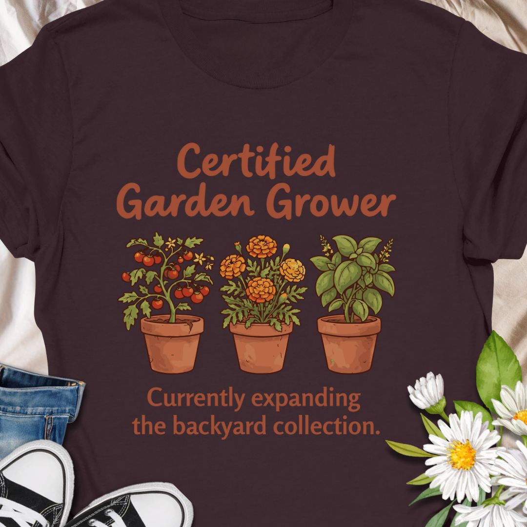 Show off your green thumb with this charming “Certified Garden Grower” t-shirt featuring potted veggies, herbs, and flowers. Perfect for proud backyard gardeners, homesteaders, or anyone always expanding their plant collection. A great gift for plant lovers and veggie growers!