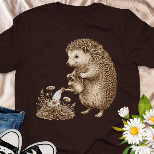 Charming hedgehog gardener t-shirt featuring a vintage botanical illustration of a hedgehog watering wildflowers. Perfect gift for gardeners, nature lovers and cottagecore fans.