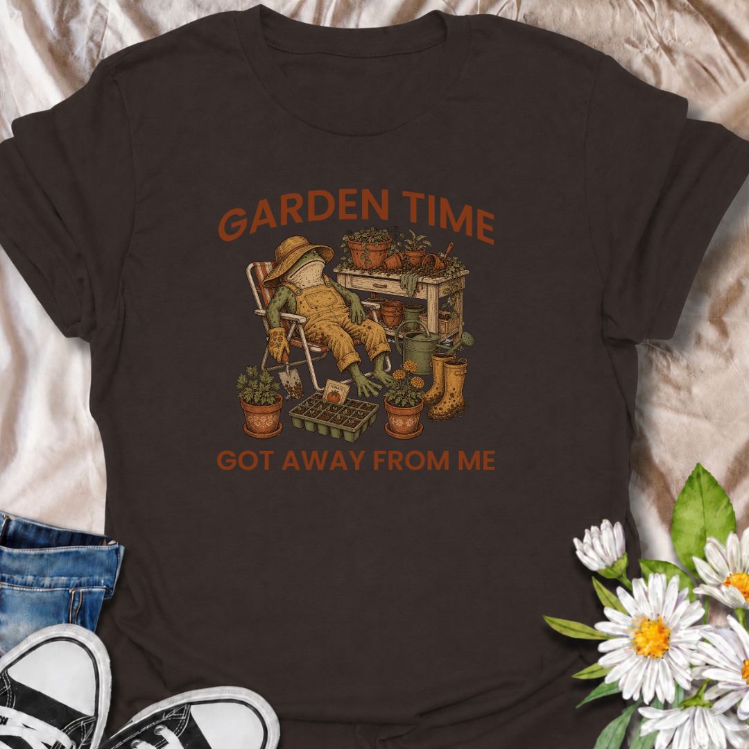 Celebrate losing track of time in the garden with this funny “Garden Time Got Away From Me” T-shirt. Featuring a relaxed frog surrounded by pots, seedlings, gardening tools, and muddy boots, it perfectly captures an afternoon that turned into an all-day garden session. A charming gift for gardeners, plant lovers, and anyone happiest pottering outdoors.