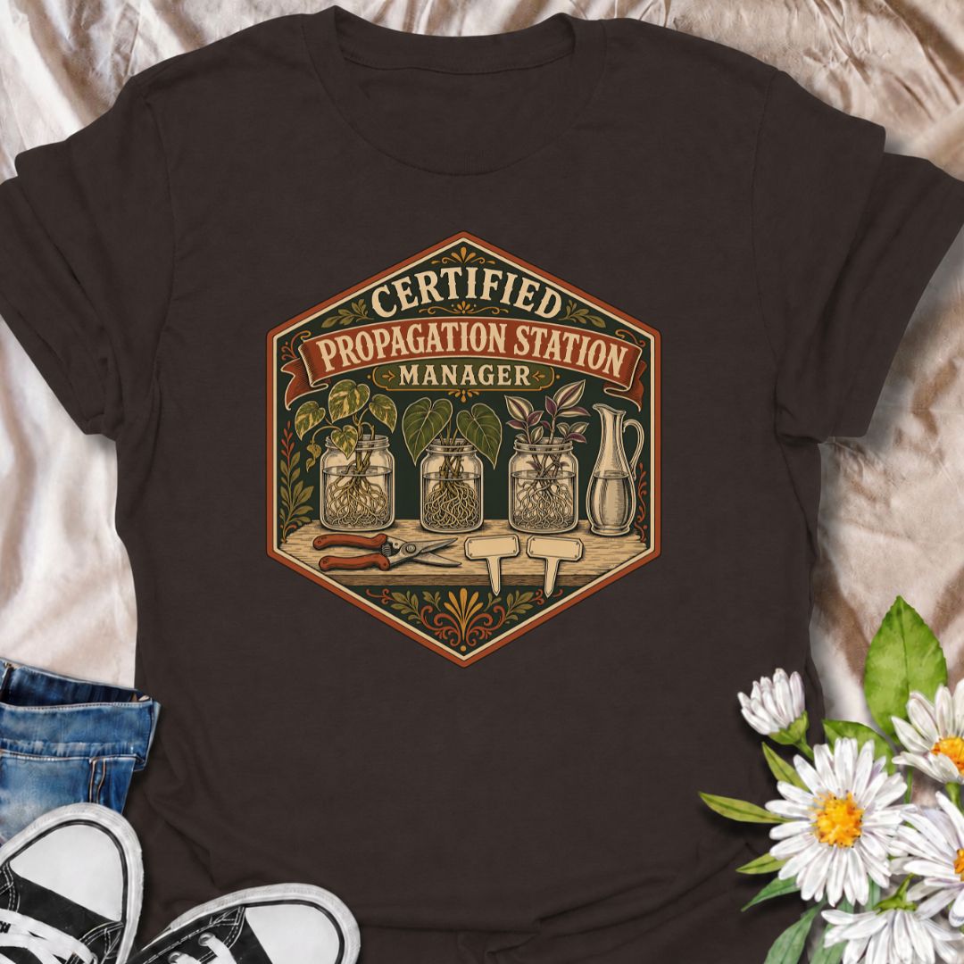 Show off your plant-growing expertise with this “Certified Propagation Station Manager” T-shirt. Featuring rooted cuttings in glass jars, plant markers, pruning shears, and a vintage badge-style design, it is perfect for plant lovers who always have a propagation project underway. A fun gift for houseplant collectors, plant moms, and indoor gardeners.