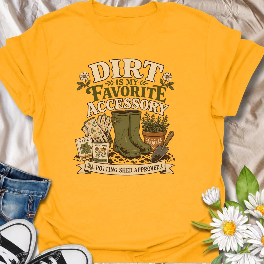 Show off your gardening style with this “Dirt Is My Favorite Accessory” T-shirt. The vintage-inspired design features muddy boots, gardening gloves, seed packets, and a hand trowel. It makes a fun gift for gardeners who are happiest with soil under their fingernails.