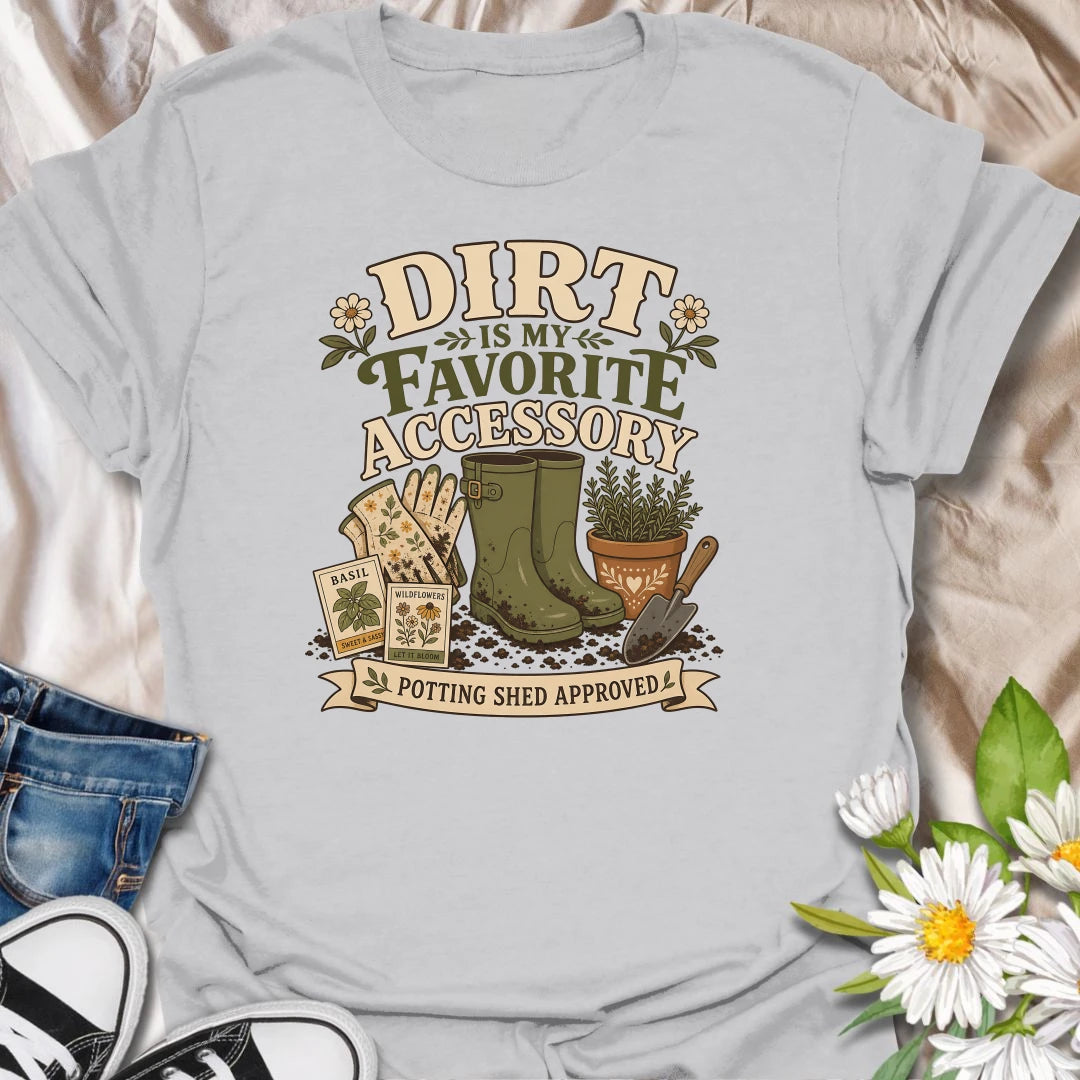 Show off your gardening style with this “Dirt Is My Favorite Accessory” T-shirt. The vintage-inspired design features muddy boots, gardening gloves, seed packets, and a hand trowel. It makes a fun gift for gardeners who are happiest with soil under their fingernails.