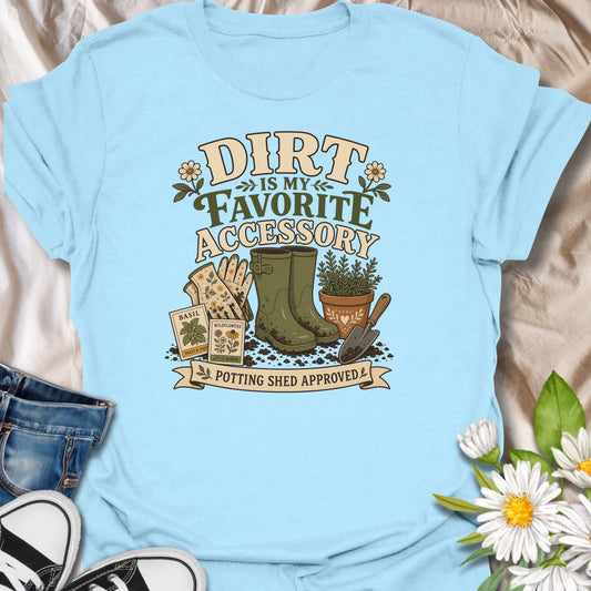 Show off your gardening style with this “Dirt Is My Favorite Accessory” T-shirt. The vintage-inspired design features muddy boots, gardening gloves, seed packets, and a hand trowel. It makes a fun gift for gardeners who are happiest with soil under their fingernails.