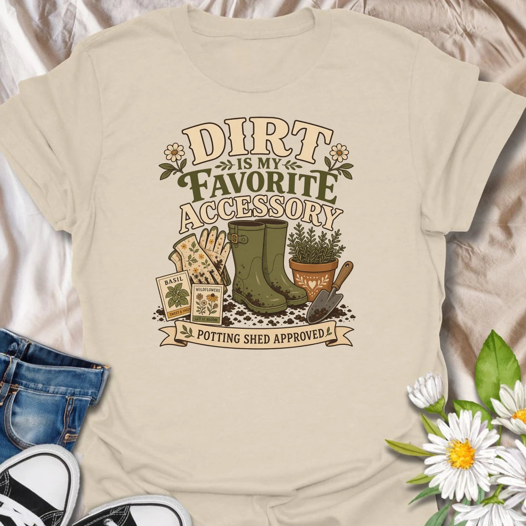 Show off your gardening style with this “Dirt Is My Favorite Accessory” T-shirt. The vintage-inspired design features muddy boots, gardening gloves, seed packets, and a hand trowel. It makes a fun gift for gardeners who are happiest with soil under their fingernails.