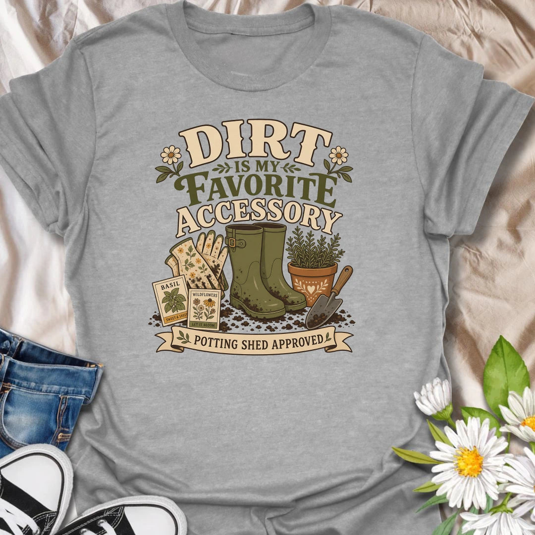 Show off your gardening style with this “Dirt Is My Favorite Accessory” T-shirt. The vintage-inspired design features muddy boots, gardening gloves, seed packets, and a hand trowel. It makes a fun gift for gardeners who are happiest with soil under their fingernails.
