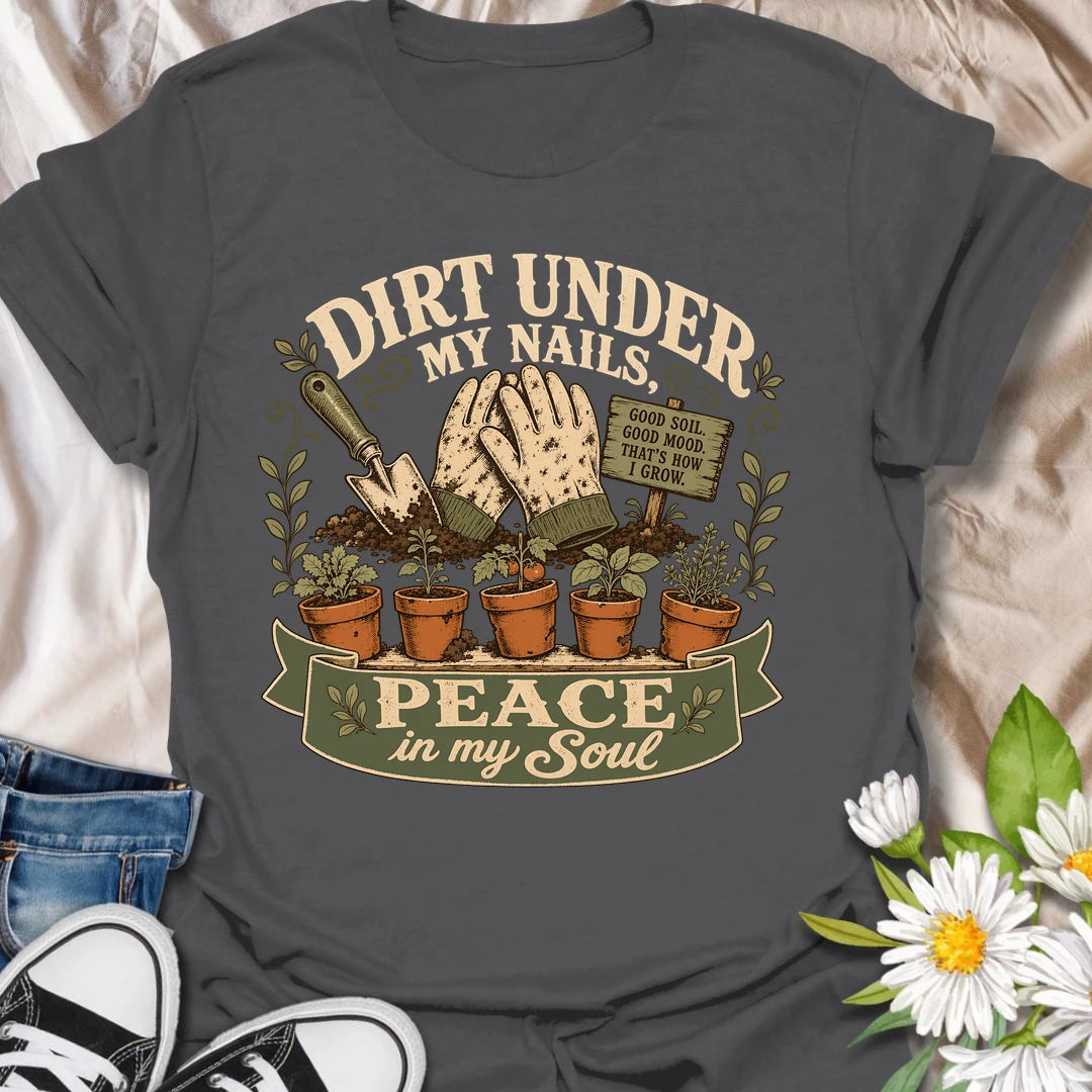 Gardening t-shirt for anyone who finds peace in the soil.
Features vintage-style garden gloves, potted plants, and a rustic design with a calm garden-loving message.
Perfect for gardeners, plant lovers, homesteaders, and anyone happiest with dirt under their nails.