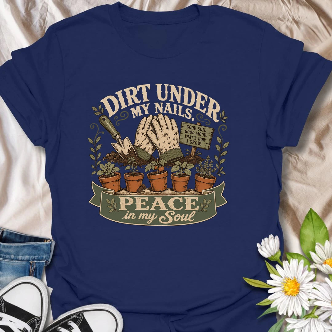 Gardening t-shirt for anyone who finds peace in the soil.
Features vintage-style garden gloves, potted plants, and a rustic design with a calm garden-loving message.
Perfect for gardeners, plant lovers, homesteaders, and anyone happiest with dirt under their nails.