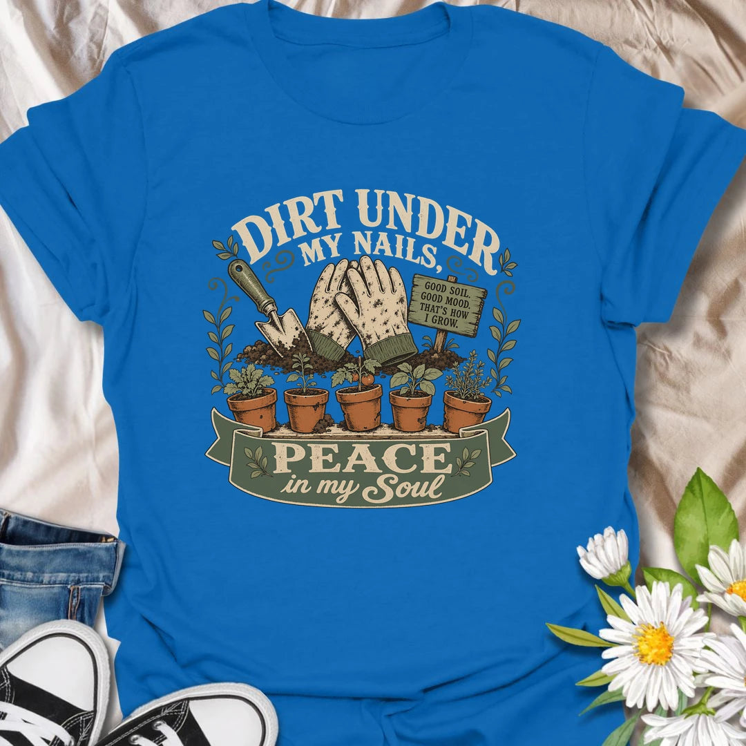 Gardening t-shirt for anyone who finds peace in the soil.
Features vintage-style garden gloves, potted plants, and a rustic design with a calm garden-loving message.
Perfect for gardeners, plant lovers, homesteaders, and anyone happiest with dirt under their nails.