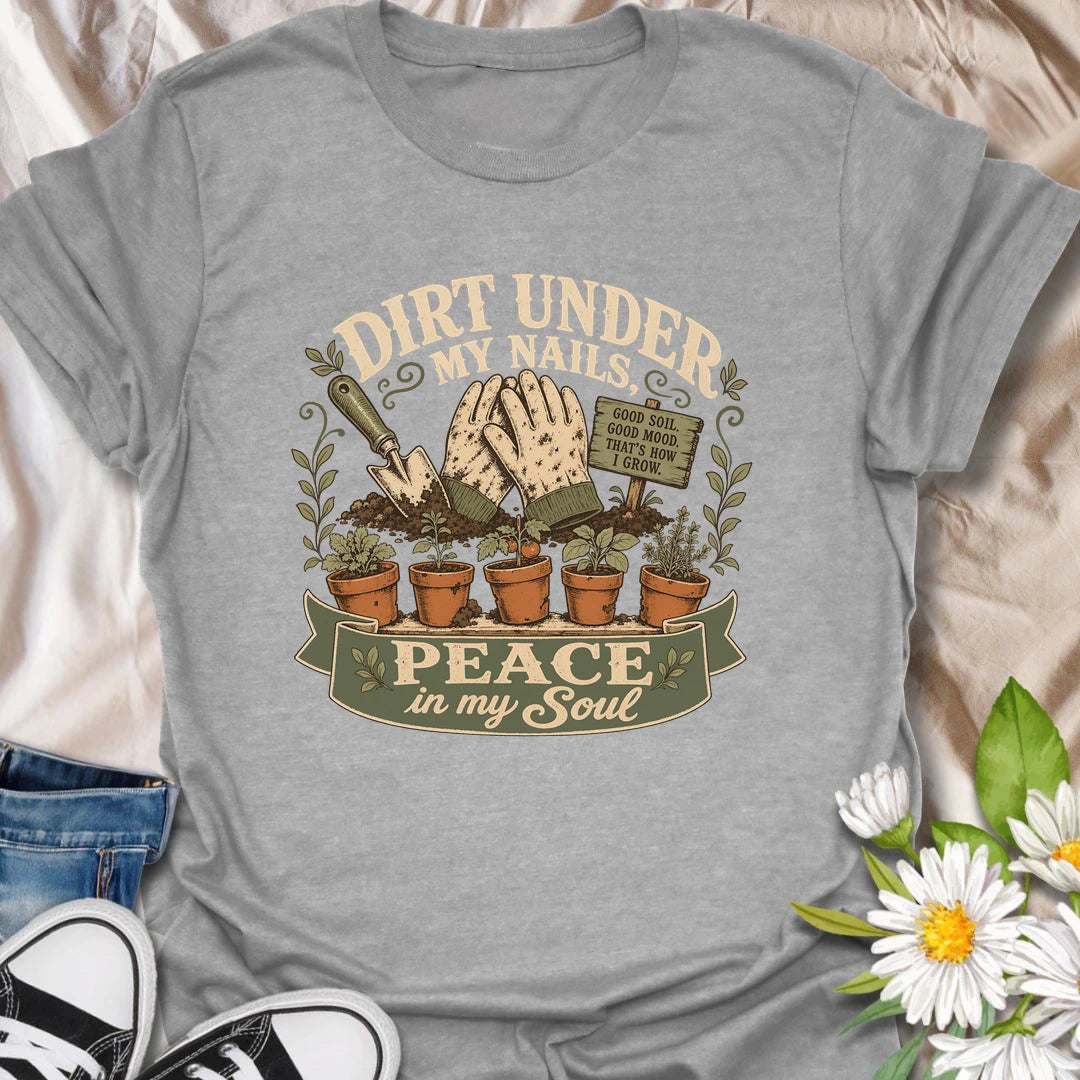 Gardening t-shirt for anyone who finds peace in the soil.
Features vintage-style garden gloves, potted plants, and a rustic design with a calm garden-loving message.
Perfect for gardeners, plant lovers, homesteaders, and anyone happiest with dirt under their nails.