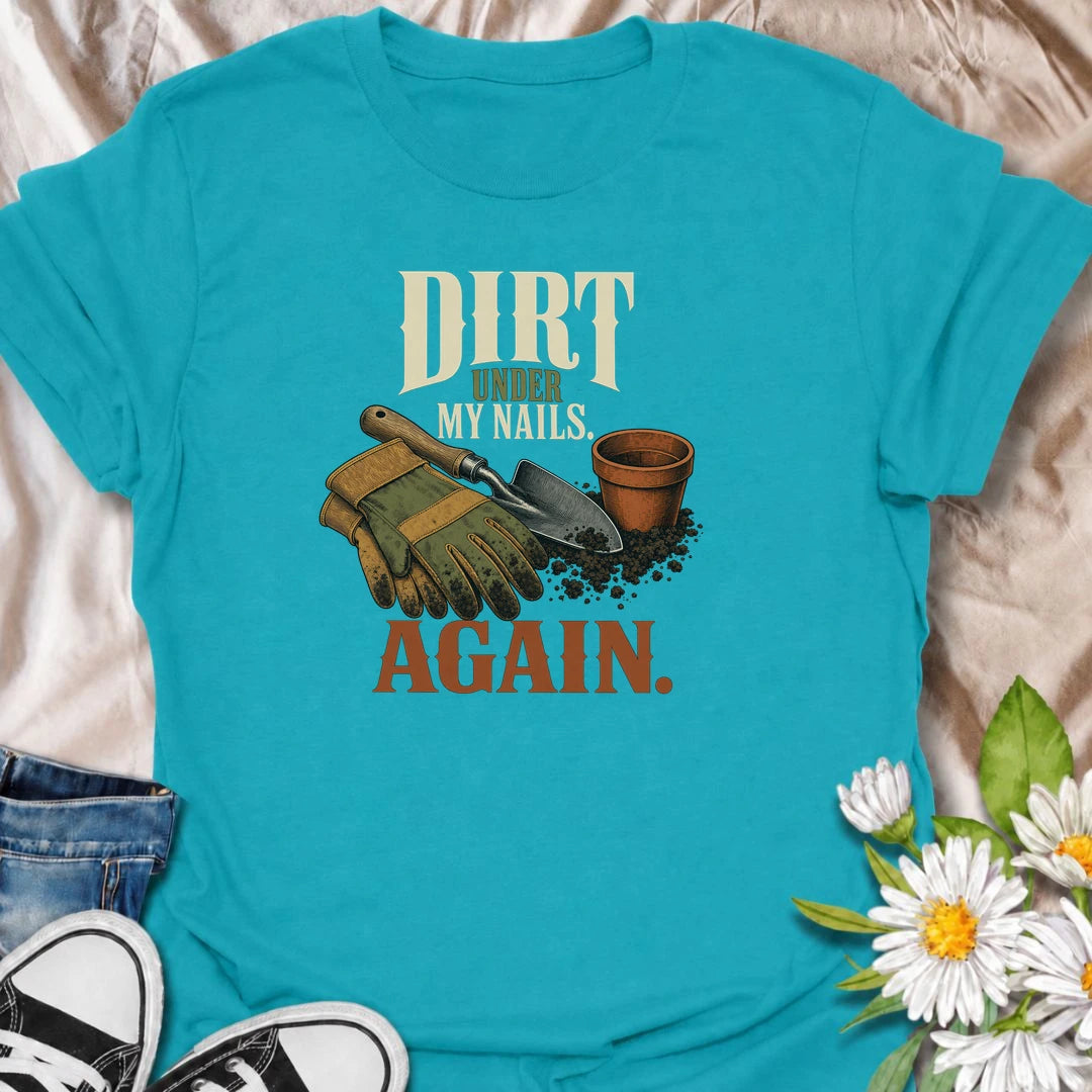 A funny gardening T-shirt for anyone who somehow ends up with dirt under their nails every time they step outside. Featuring garden gloves, a hand trowel, soil, and a terracotta pot, this design has a warm vintage gardening feel. The phrase “Dirt Under My Nails. Again.” is perfect for gardeners who know there is no such thing as a quick job in the garden. It makes a great gift for flower gardeners, vegetable growers, cottage gardeners, and anyone happiest with their hands in the soil. Ideal for garden days,