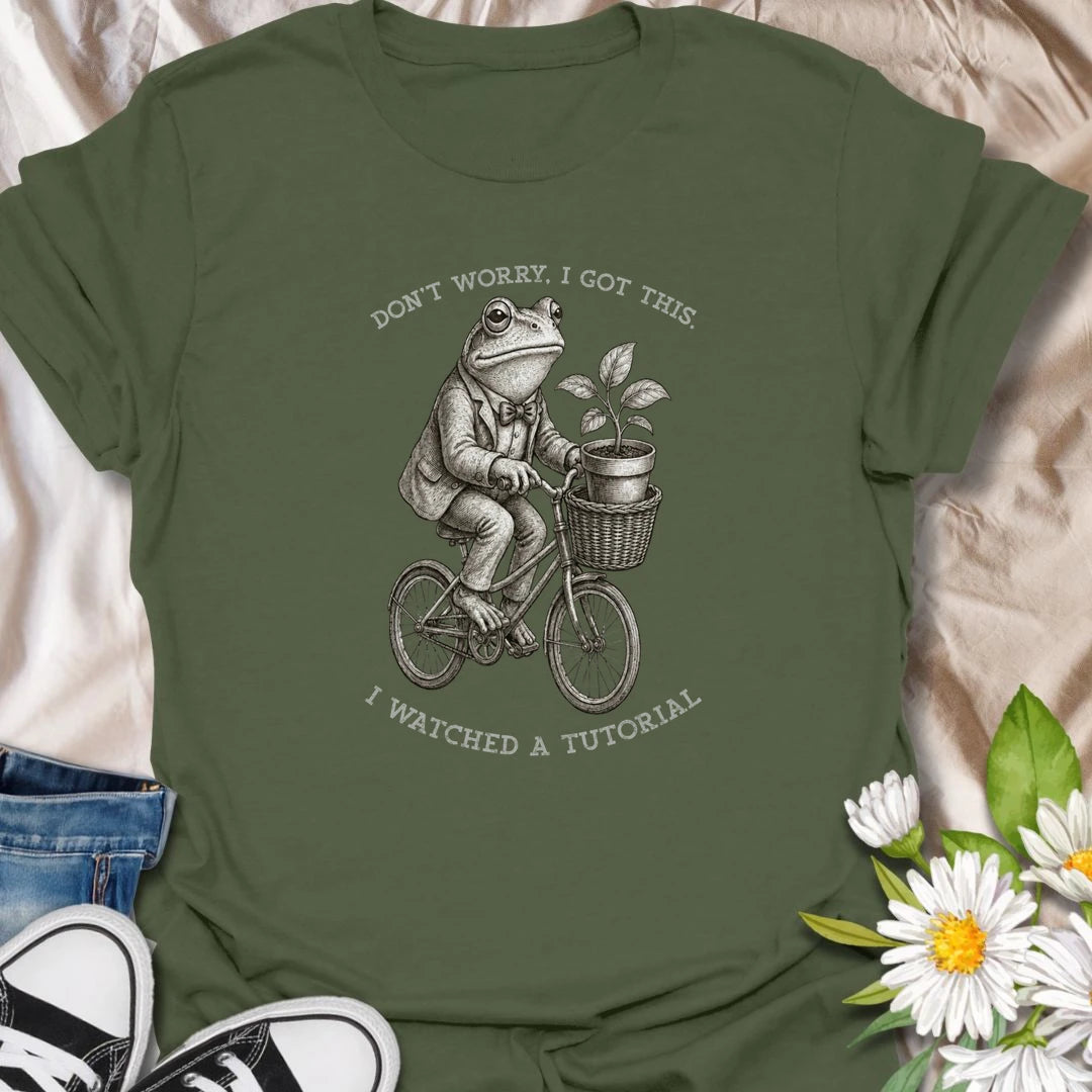 This Don’t Worry I Got This I Watched A Tutorial t-shirt is perfect for gardeners, plant lovers, and DIY plant people who are confidently figuring it out as they go. Featuring a vintage-style frog riding a bicycle with a potted plant in the basket, this funny botanical design is great for plant moms, plant dads, houseplant collectors, beginner gardeners, frog lovers, and anyone who thinks one tutorial is enough to become an expert.