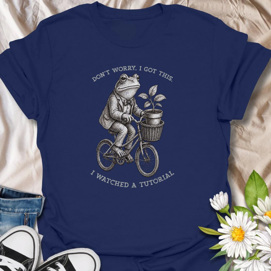 This Don’t Worry I Got This I Watched A Tutorial t-shirt is perfect for gardeners, plant lovers, and DIY plant people who are confidently figuring it out as they go. Featuring a vintage-style frog riding a bicycle with a potted plant in the basket, this funny botanical design is great for plant moms, plant dads, houseplant collectors, beginner gardeners, frog lovers, and anyone who thinks one tutorial is enough to become an expert.