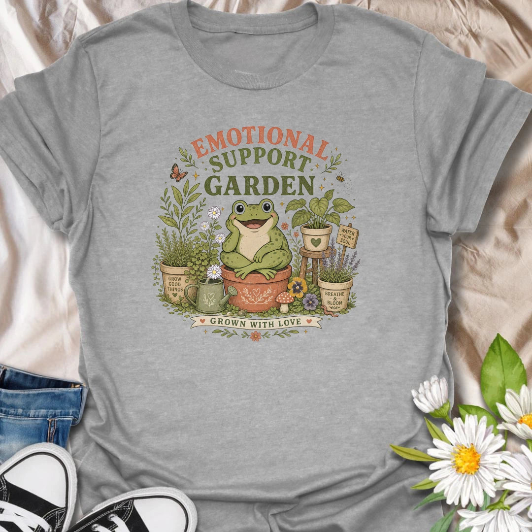 Emotional Support Garden t-shirt for plant lovers, gardeners, and cottagecore nature fans who find comfort, calm, and joy in growing good things.