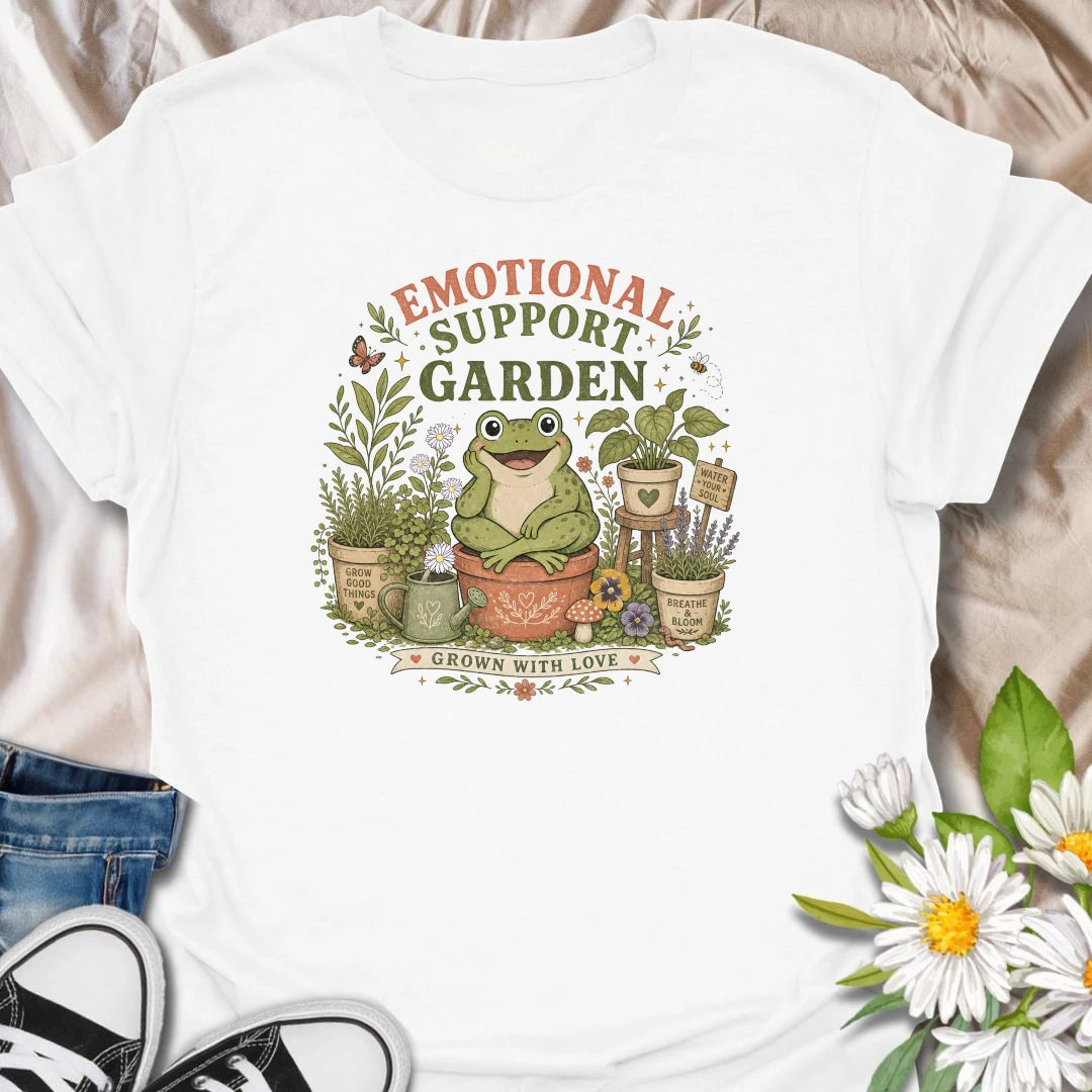 Emotional Support Garden t-shirt for plant lovers, gardeners, and cottagecore nature fans who find comfort, calm, and joy in growing good things.