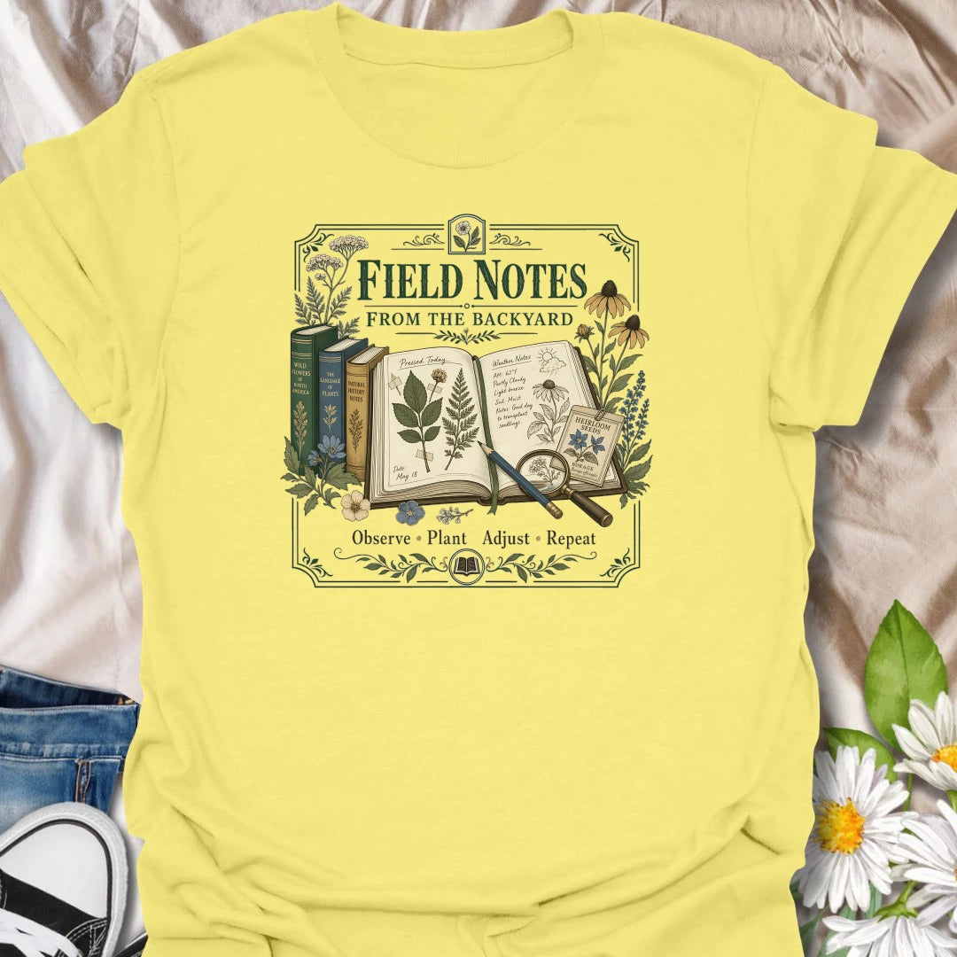 Backyard field notes t-shirt for gardeners, plant observers, wildflower lovers, and anyone who enjoys journaling the small details of garden life.