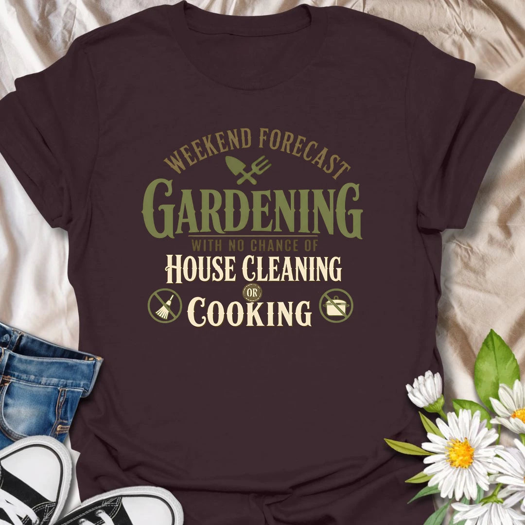 Funny gardening t-shirt for anyone who would rather be in the garden than cleaning or cooking.
Features a bold “weekend forecast” design with playful no-cleaning and no-cooking icons.
Perfect for gardeners, plant lovers, and anyone whose weekend priorities are dirt, plants, and peace.