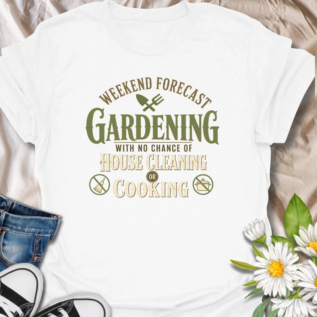 Funny gardening t-shirt for anyone who would rather be in the garden than cleaning or cooking.
Features a bold “weekend forecast” design with playful no-cleaning and no-cooking icons.
Perfect for gardeners, plant lovers, and anyone whose weekend priorities are dirt, plants, and peace.
