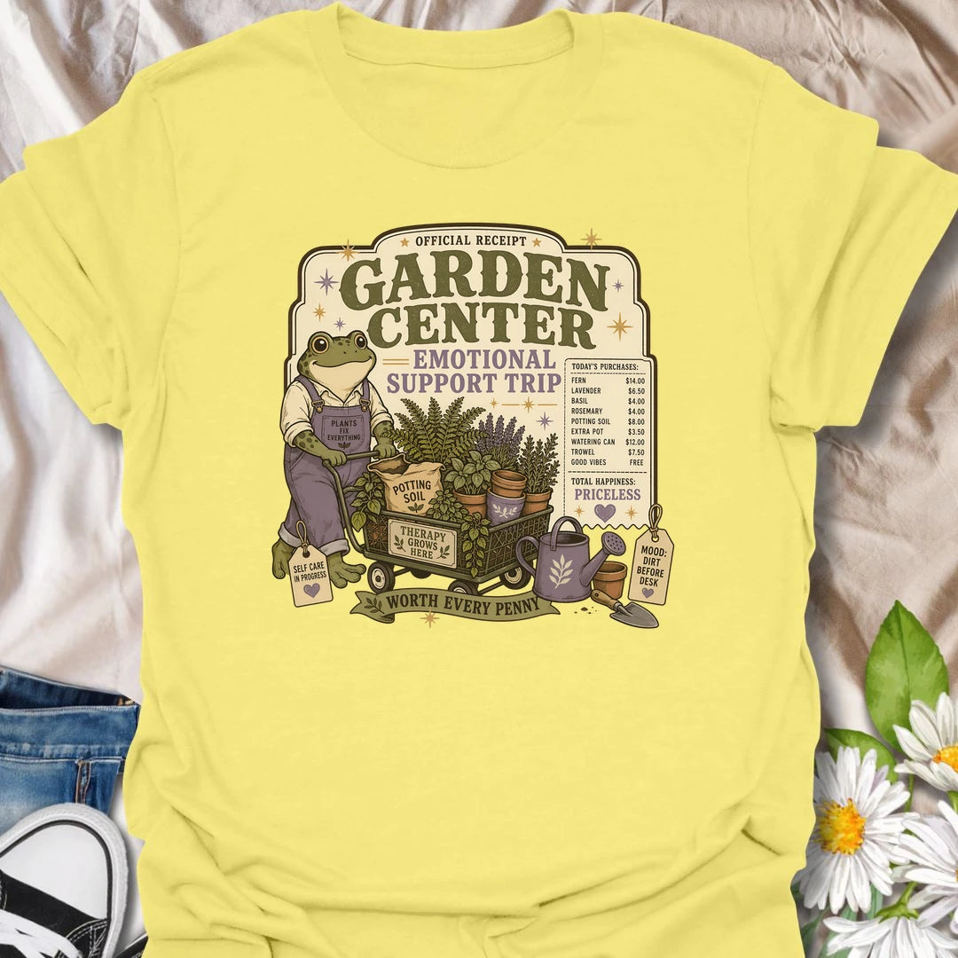 Funny gardening t-shirt featuring a cheerful frog and a garden center “emotional support trip.”
This playful design celebrates plant shopping, self-care, and the joy of bringing home more greenery.
A fun gift for gardeners, frog lovers, plant moms, and anyone who believes a garden center trip is worth every penny.