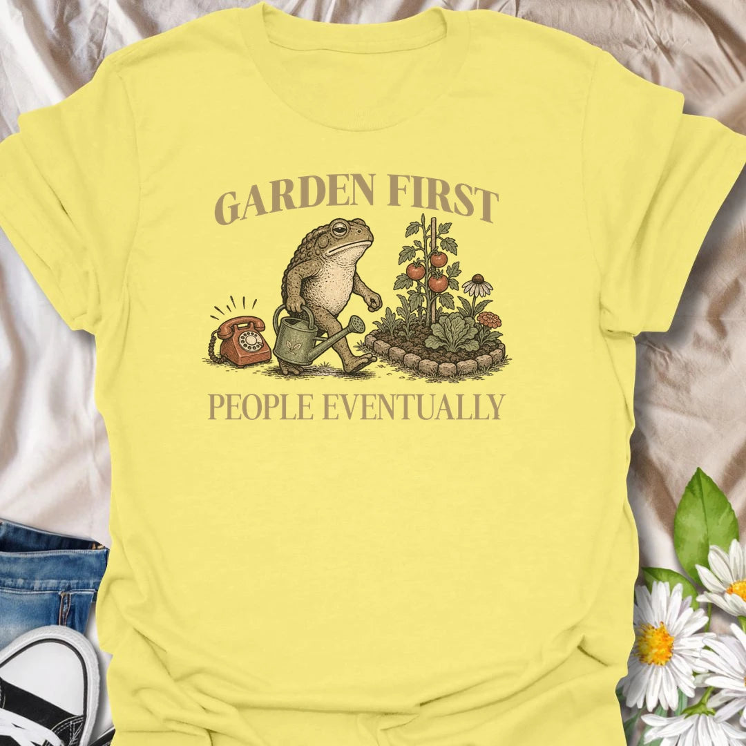 This Garden First People Eventually t-shirt is perfect for gardeners who’d rather be outside with flowers, plants, and pollinators than socializing. Featuring a charming vintage-style garden scene with a hedgehog, snail, and blooming flowers, this botanical tee is ideal for plant lovers, cottage garden fans, backyard gardeners, and anyone with a funny garden-first attitude.