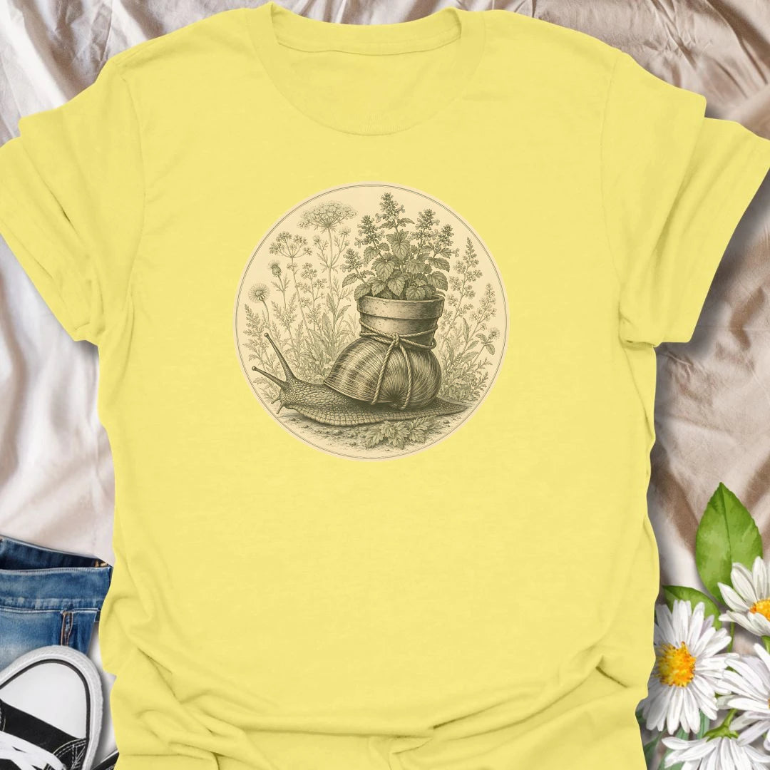 This Garden Snail With Potted Plant t-shirt is made for gardeners, plant lovers, and nature fans who enjoy soft vintage-style botanical artwork. Featuring a detailed garden snail carrying a potted plant on its shell, surrounded by wild herbs, flowers, and naturalist illustration details, this design has a gentle cottagecore feel with classic garden charm. Perfect for gardeners, snail lovers, plant moms, flower fans, botanical art lovers, and anyone who enjoys whimsical nature-inspired designs.