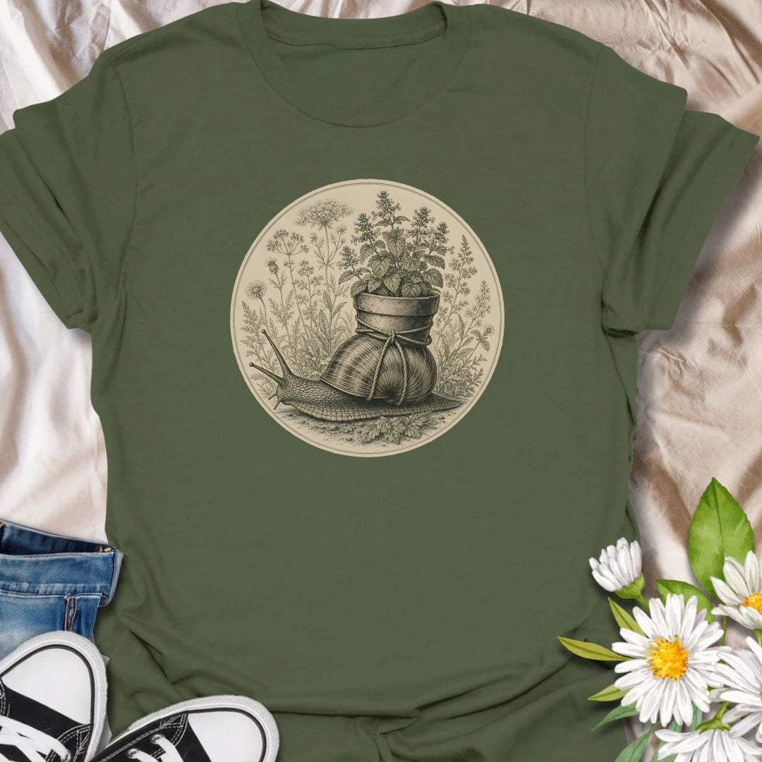 This Garden Snail With Potted Plant t-shirt is made for gardeners, plant lovers, and nature fans who enjoy soft vintage-style botanical artwork. Featuring a detailed garden snail carrying a potted plant on its shell, surrounded by wild herbs, flowers, and naturalist illustration details, this design has a gentle cottagecore feel with classic garden charm. Perfect for gardeners, snail lovers, plant moms, flower fans, botanical art lovers, and anyone who enjoys whimsical nature-inspired designs.