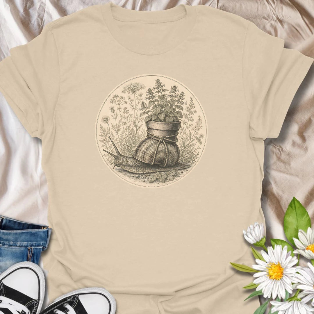 This Garden Snail With Potted Plant t-shirt is made for gardeners, plant lovers, and nature fans who enjoy soft vintage-style botanical artwork. Featuring a detailed garden snail carrying a potted plant on its shell, surrounded by wild herbs, flowers, and naturalist illustration details, this design has a gentle cottagecore feel with classic garden charm. Perfect for gardeners, snail lovers, plant moms, flower fans, botanical art lovers, and anyone who enjoys whimsical nature-inspired designs.