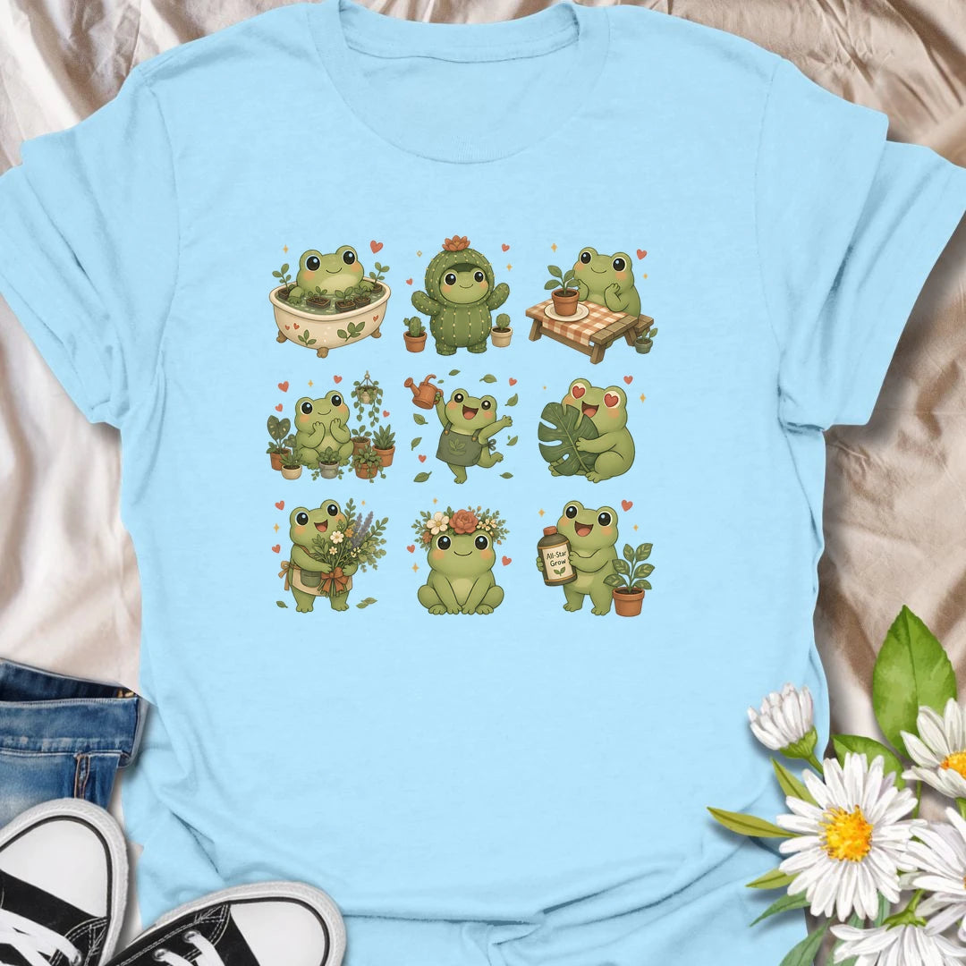 This Cute Gardening Frogs t-shirt is perfect for plant lovers, gardeners, and frog fans who enjoy cheerful cottagecore garden artwork. Featuring a collection of adorable frogs with flowers, watering cans, potted plants, mushrooms, and botanical details, this whimsical design is great for backyard gardeners, plant moms, nature lovers, and anyone who loves cute garden creatures.
