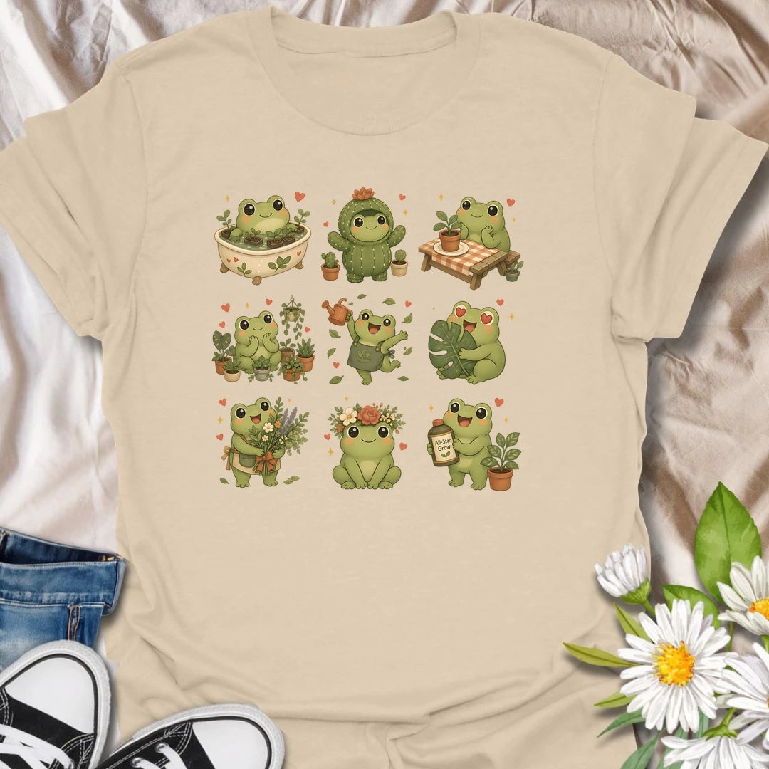 This Cute Gardening Frogs t-shirt is perfect for plant lovers, gardeners, and frog fans who enjoy cheerful cottagecore garden artwork. Featuring a collection of adorable frogs with flowers, watering cans, potted plants, mushrooms, and botanical details, this whimsical design is great for backyard gardeners, plant moms, nature lovers, and anyone who loves cute garden creatures.