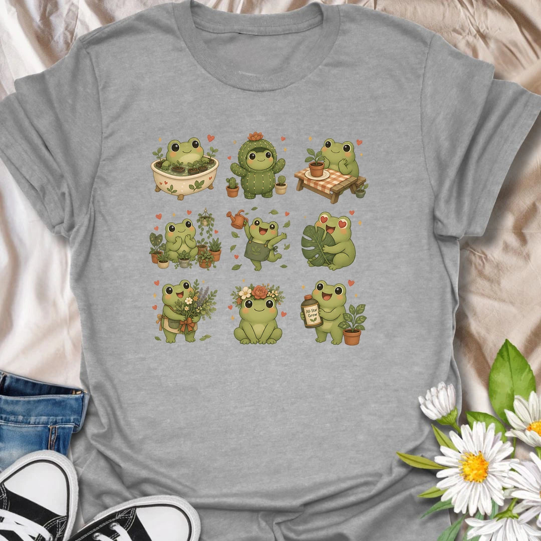 This Cute Gardening Frogs t-shirt is perfect for plant lovers, gardeners, and frog fans who enjoy cheerful cottagecore garden artwork. Featuring a collection of adorable frogs with flowers, watering cans, potted plants, mushrooms, and botanical details, this whimsical design is great for backyard gardeners, plant moms, nature lovers, and anyone who loves cute garden creatures.