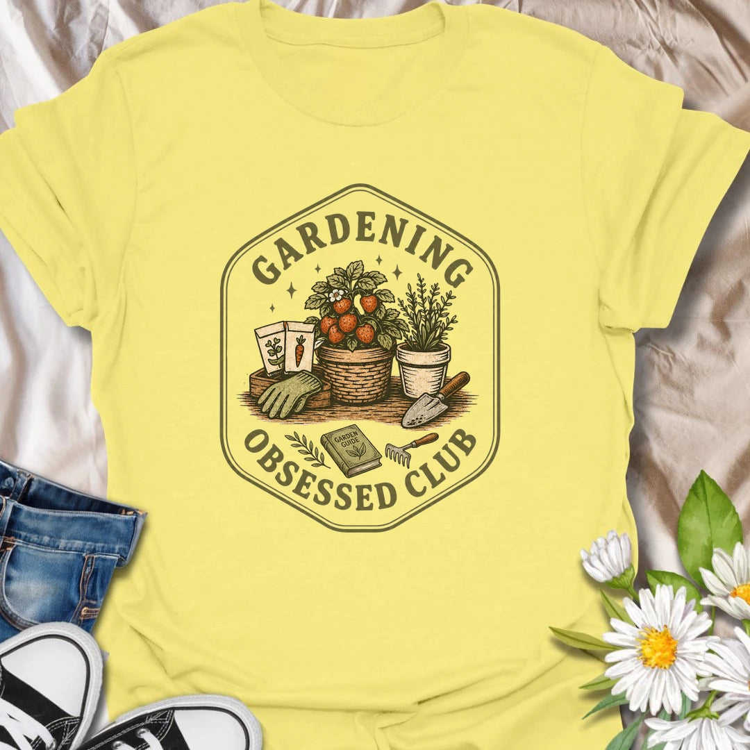 Gardening Obsessed Club t-shirt for anyone who treats gardening like a hobby, lifestyle, and personality trait.
The vintage badge design features baskets, herbs, tomatoes, garden tools, and potted plants in a cozy garden club style.
It is perfect for gardeners, backyard growers, herb lovers, vegetable gardeners, and plant-loving women.
A great gift for anyone who is happiest outside with soil, seeds, and something growing.