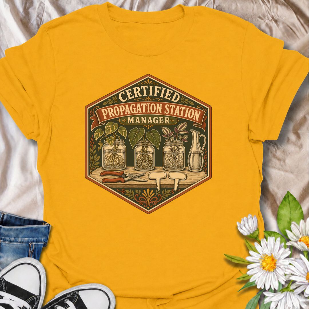 Show off your plant-growing expertise with this “Certified Propagation Station Manager” T-shirt. Featuring rooted cuttings in glass jars, plant markers, pruning shears, and a vintage badge-style design, it is perfect for plant lovers who always have a propagation project underway. A fun gift for houseplant collectors, plant moms, and indoor gardeners.