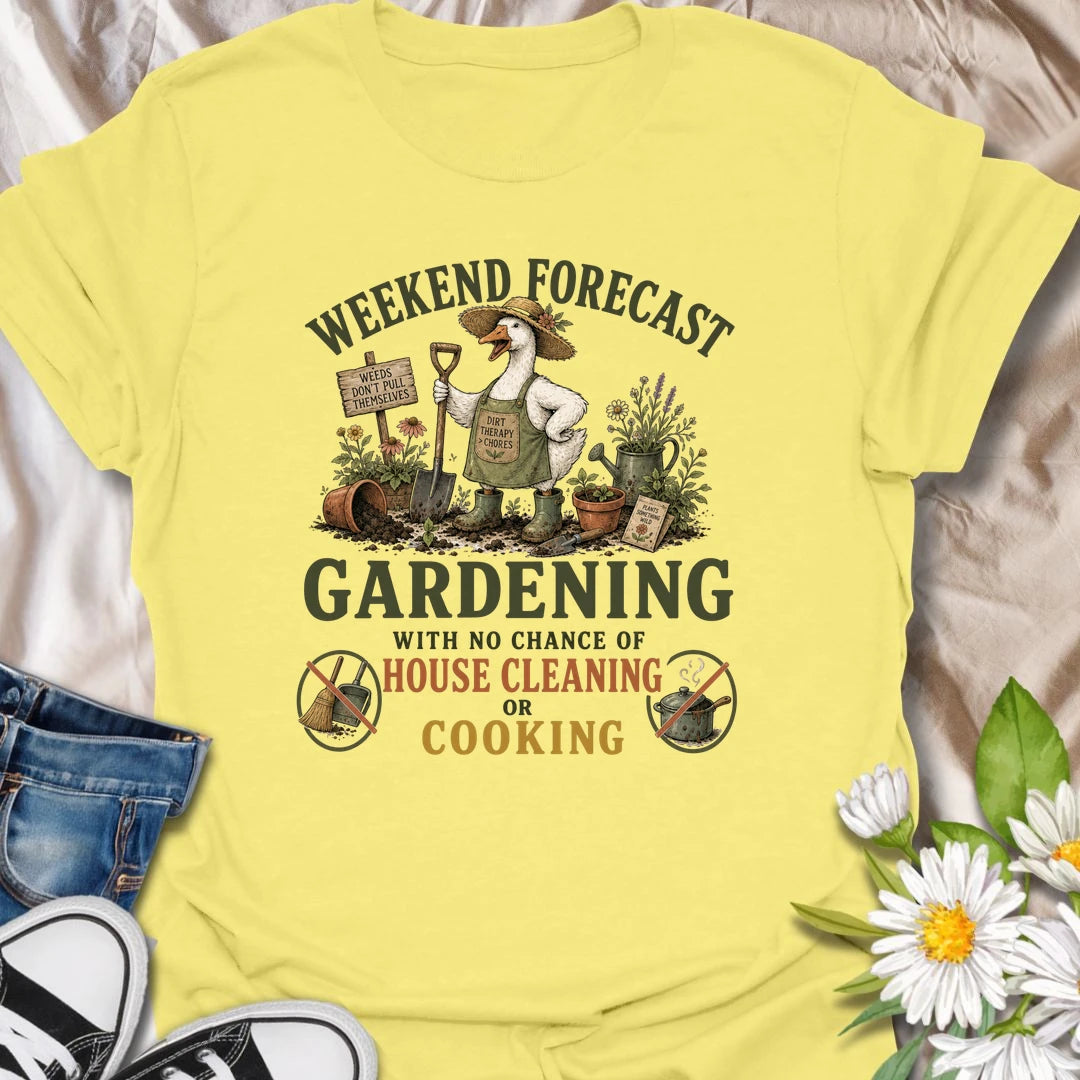 Funny gardening t-shirt for anyone who would rather be in the garden than cleaning or cooking.
Features a bold “weekend forecast” design with playful no-cleaning and no-cooking icons.
Perfect for gardeners, plant lovers, and anyone whose weekend priorities are dirt, plants, and peace.