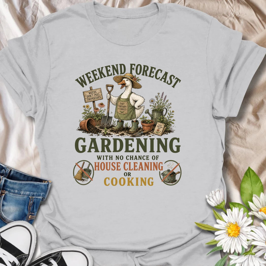 Funny gardening t-shirt for anyone who would rather be in the garden than cleaning or cooking.
Features a bold “weekend forecast” design with playful no-cleaning and no-cooking icons.
Perfect for gardeners, plant lovers, and anyone whose weekend priorities are dirt, plants, and peace.