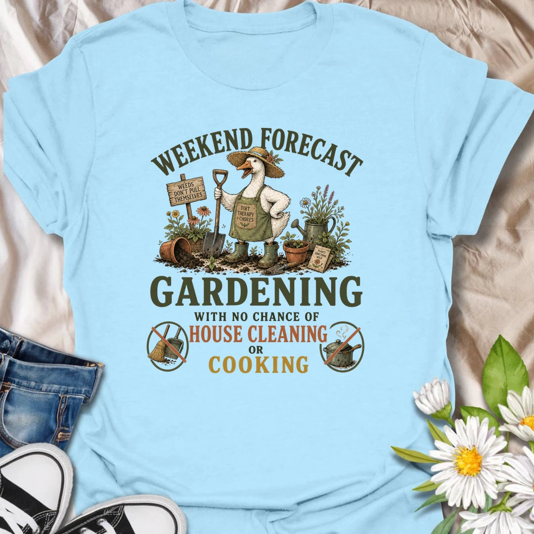 Funny gardening t-shirt for anyone who would rather be in the garden than cleaning or cooking.
Features a bold “weekend forecast” design with playful no-cleaning and no-cooking icons.
Perfect for gardeners, plant lovers, and anyone whose weekend priorities are dirt, plants, and peace.