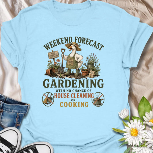 Funny gardening t-shirt for anyone who would rather be in the garden than cleaning or cooking.
Features a bold “weekend forecast” design with playful no-cleaning and no-cooking icons.
Perfect for gardeners, plant lovers, and anyone whose weekend priorities are dirt, plants, and peace.
