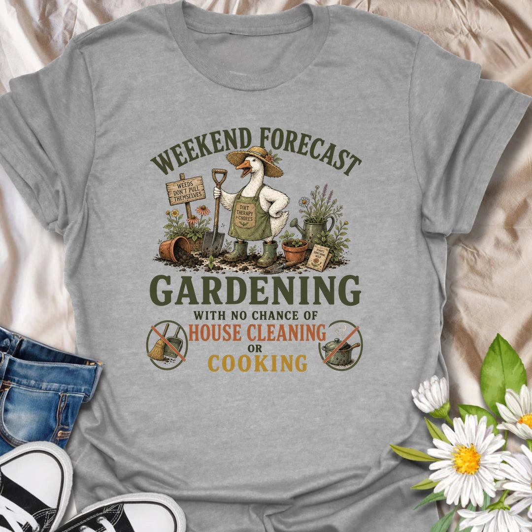 Funny gardening t-shirt for anyone who would rather be in the garden than cleaning or cooking.
Features a bold “weekend forecast” design with playful no-cleaning and no-cooking icons.
Perfect for gardeners, plant lovers, and anyone whose weekend priorities are dirt, plants, and peace.