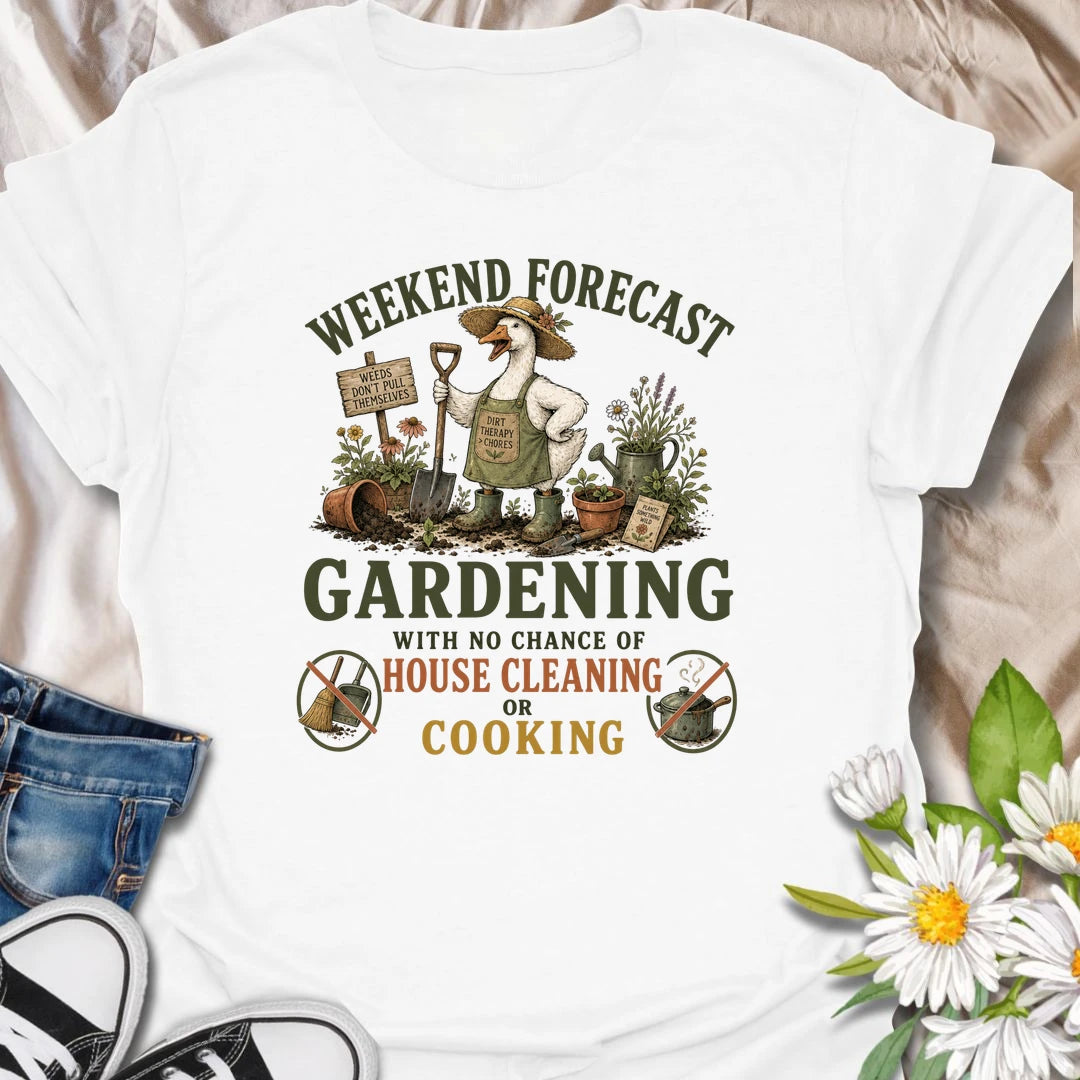 Funny gardening t-shirt for anyone who would rather be in the garden than cleaning or cooking.
Features a bold “weekend forecast” design with playful no-cleaning and no-cooking icons.
Perfect for gardeners, plant lovers, and anyone whose weekend priorities are dirt, plants, and peace.
