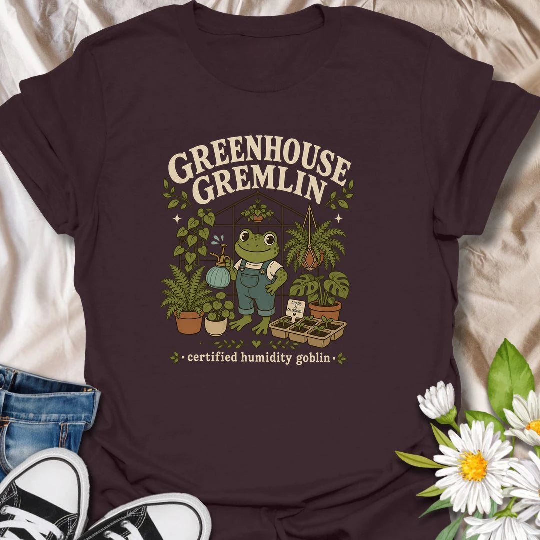 Funny frog greenhouse t-shirt for plant lovers with a chaotic but lovable garden personality.
Features a cheerful frog in overalls surrounded by lush plants and greenhouse vibes.
Perfect for frog lovers, greenhouse fans, houseplant collectors, and anyone who embraces chlorophyll-fueled chaos.
