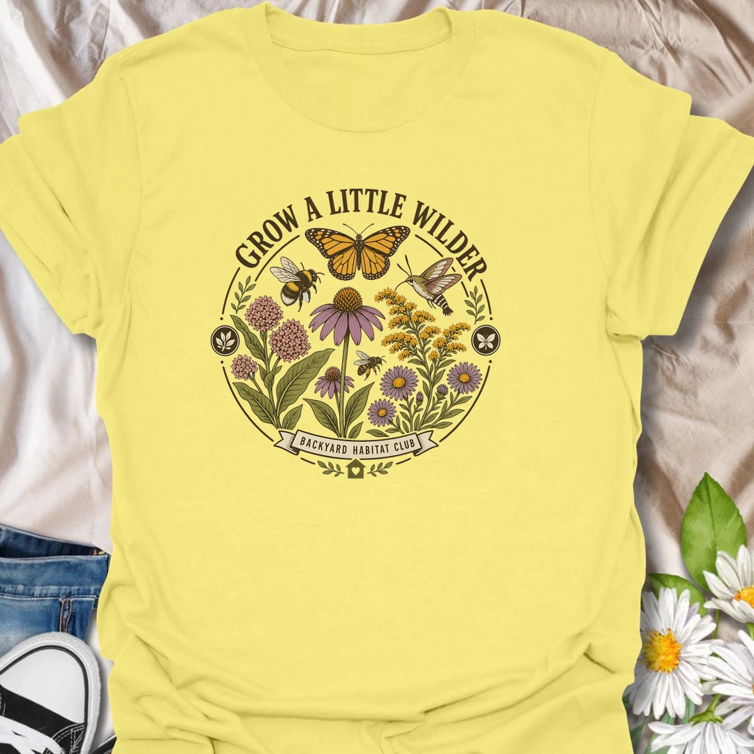 Wild garden t-shirt with butterflies, bees, hummingbird, and native flowers for gardeners who love pollinators and backyard habitats.