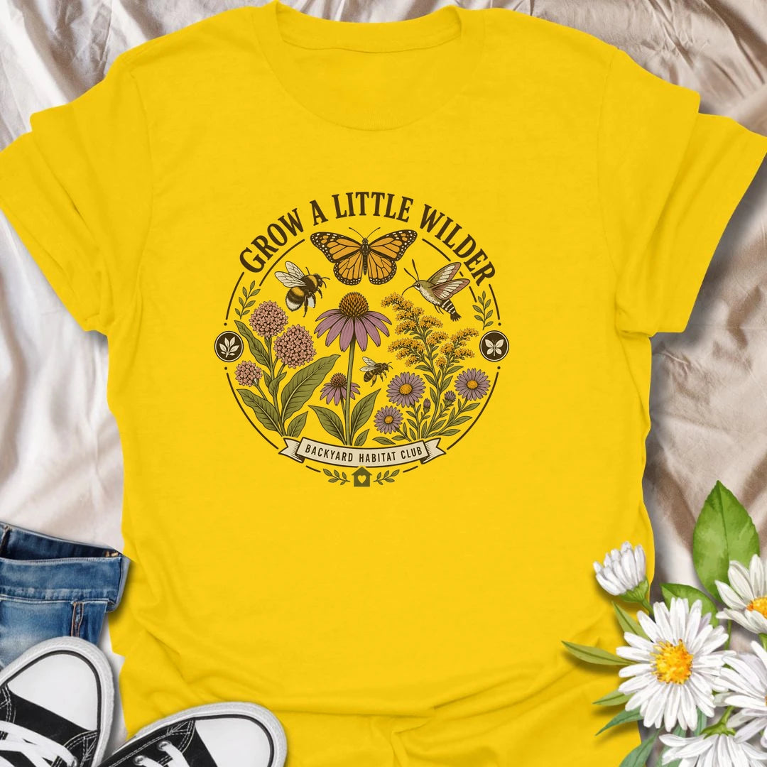 Wild garden t-shirt with butterflies, bees, hummingbird, and native flowers for gardeners who love pollinators and backyard habitats.