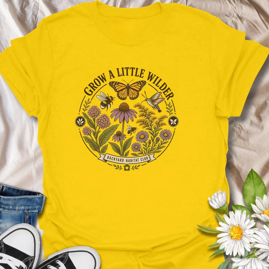 Wild garden t-shirt with butterflies, bees, hummingbird, and native flowers for gardeners who love pollinators and backyard habitats.