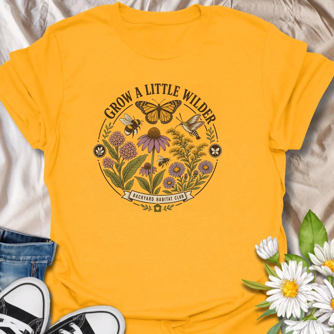 Wild garden t-shirt with butterflies, bees, hummingbird, and native flowers for gardeners who love pollinators and backyard habitats.