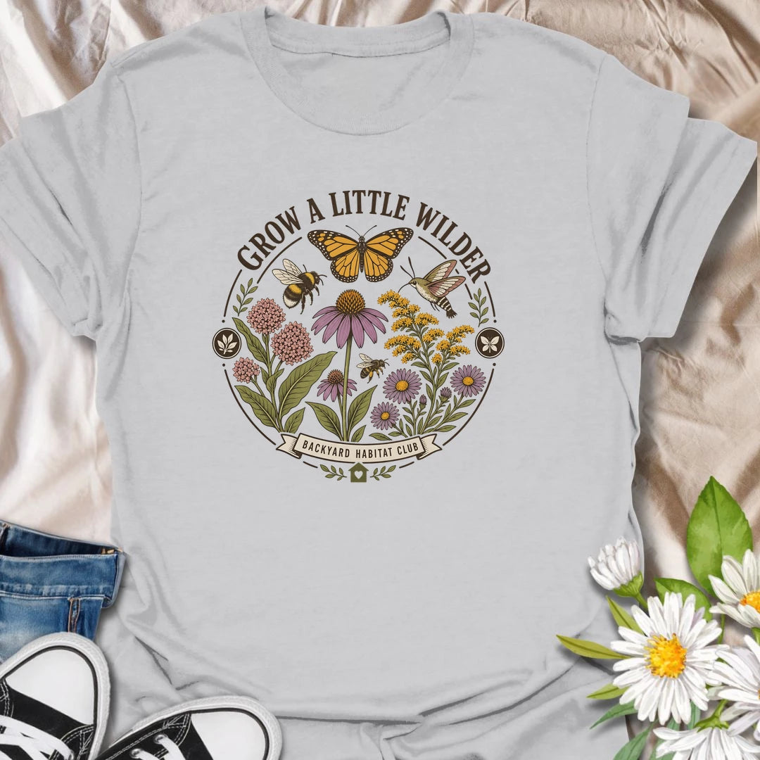 Wild garden t-shirt with butterflies, bees, hummingbird, and native flowers for gardeners who love pollinators and backyard habitats.