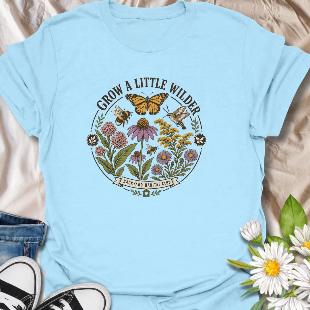 Wild garden t-shirt with butterflies, bees, hummingbird, and native flowers for gardeners who love pollinators and backyard habitats.