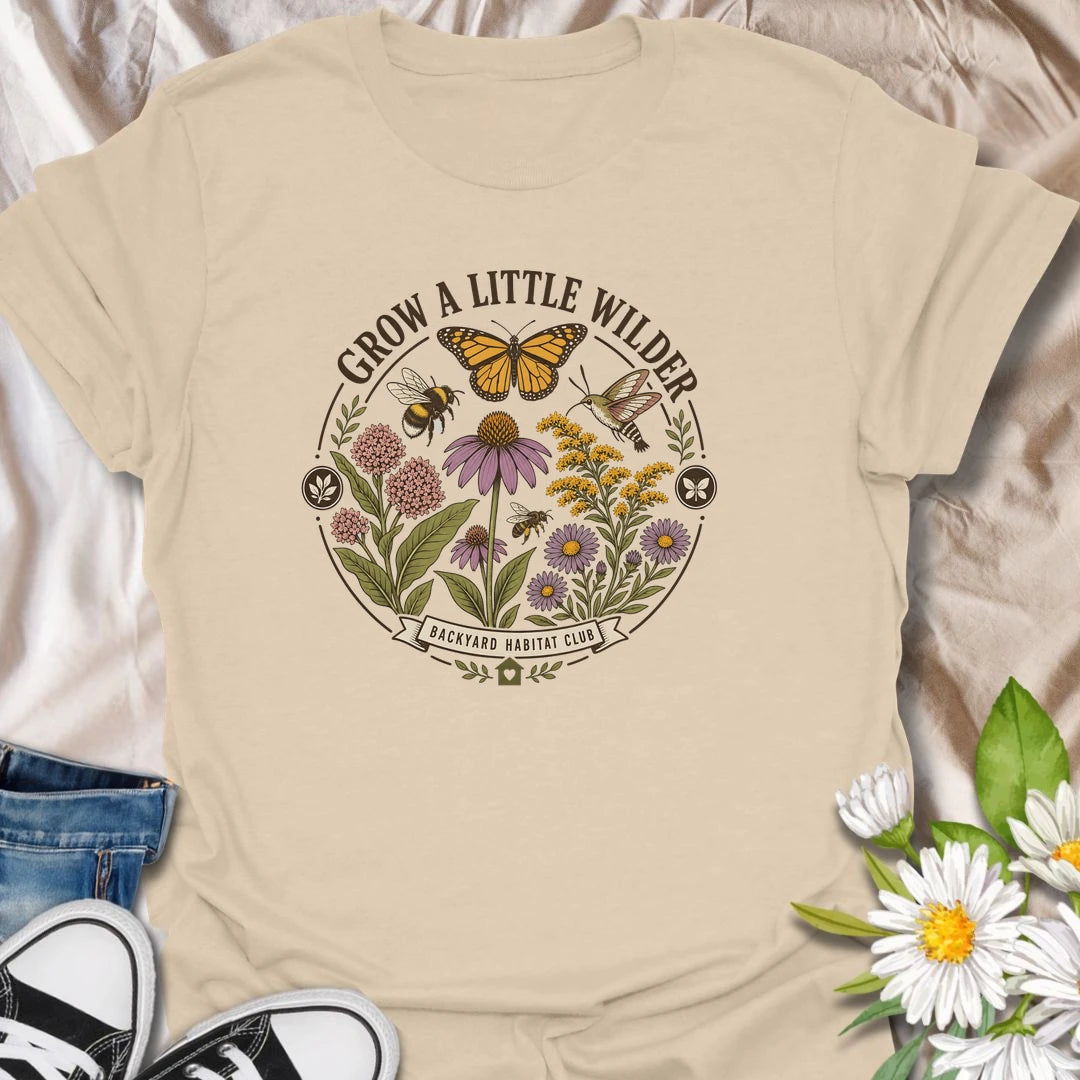 Wild garden t-shirt with butterflies, bees, hummingbird, and native flowers for gardeners who love pollinators and backyard habitats.