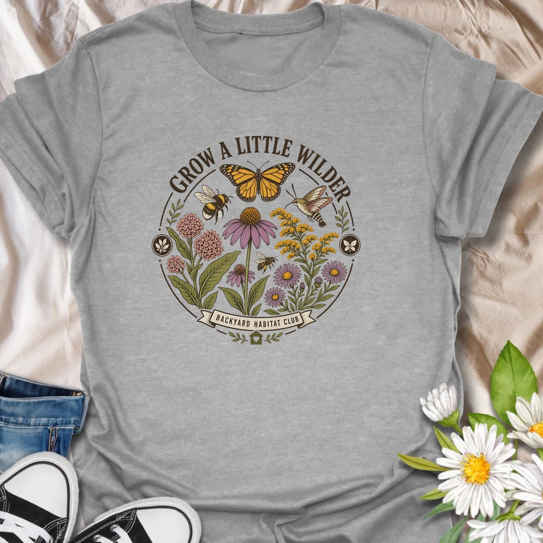 Wild garden t-shirt with butterflies, bees, hummingbird, and native flowers for gardeners who love pollinators and backyard habitats.
